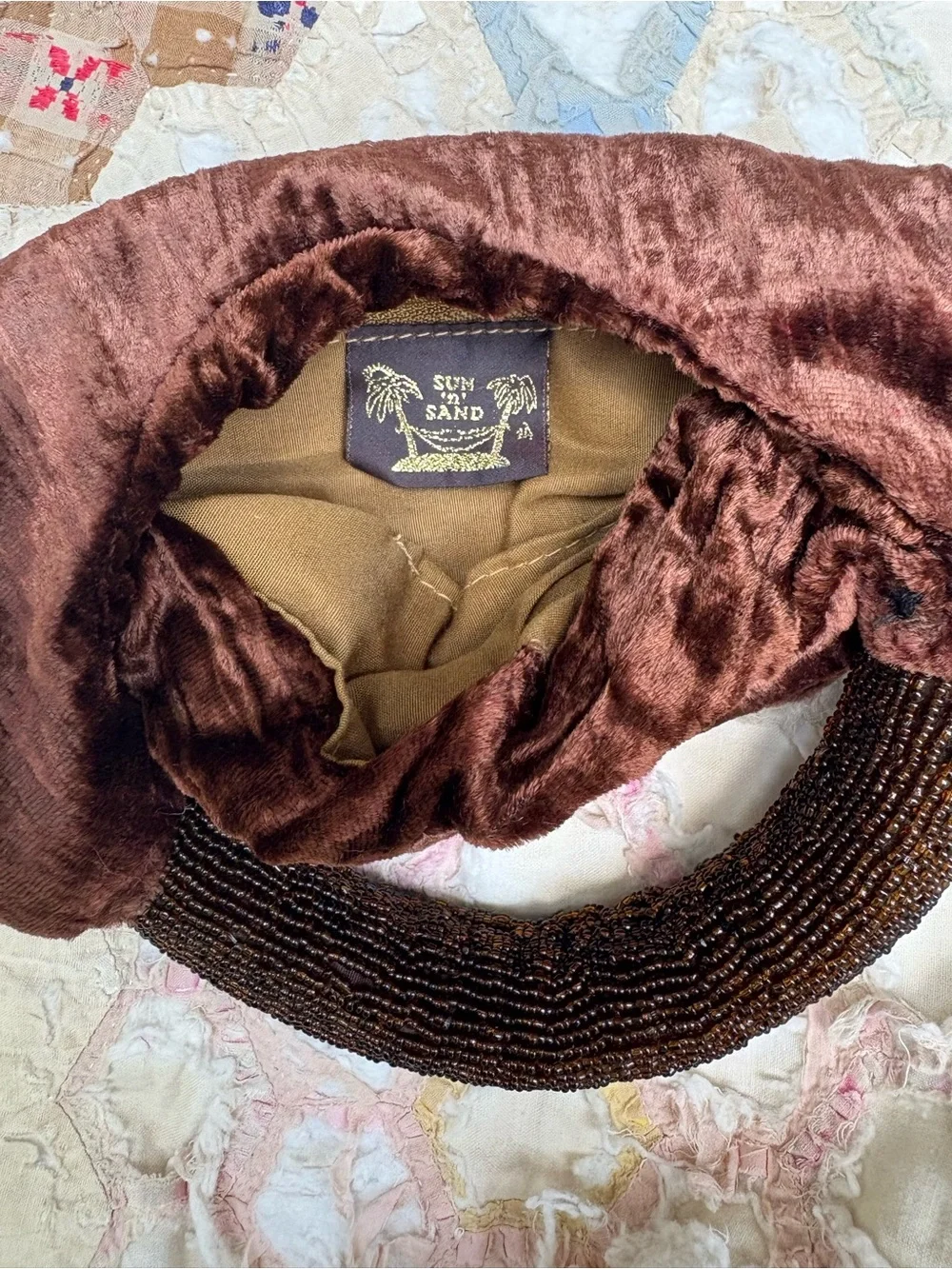 Vintage Crushed Brown Velvet Clutch with Beaded Handle